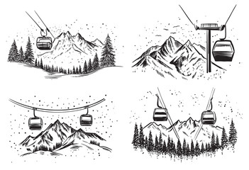 Ski Lift in mountain, Winter, black on white, hand drawn, set Illustration