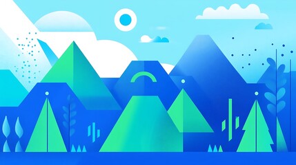 Naklejka premium Abstract geometric landscape with mountains, sky, and plants.