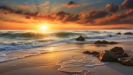 first light of day, breaking, Atlantic coastline, sky, vibrant colors, reflecting, ocean's surface, breathtaking, landscape.