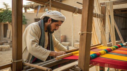 Weaver at a wooden loom, colorful threads in progress. Traditional craft, cultural authenticity.
