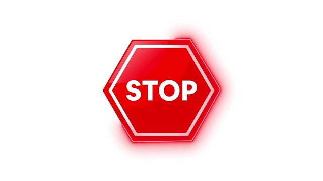 Warning, stop or alert neon sign animation 4k video. Danger, no entry, forbidden, red circle, stop, wrong, International prohibition mark, traffic sign line symbol icon video on white background.