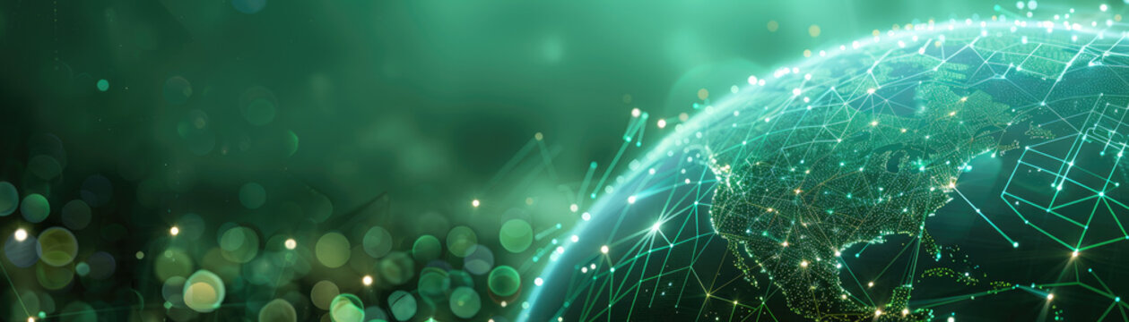 A green planet with a network of lights surrounding it