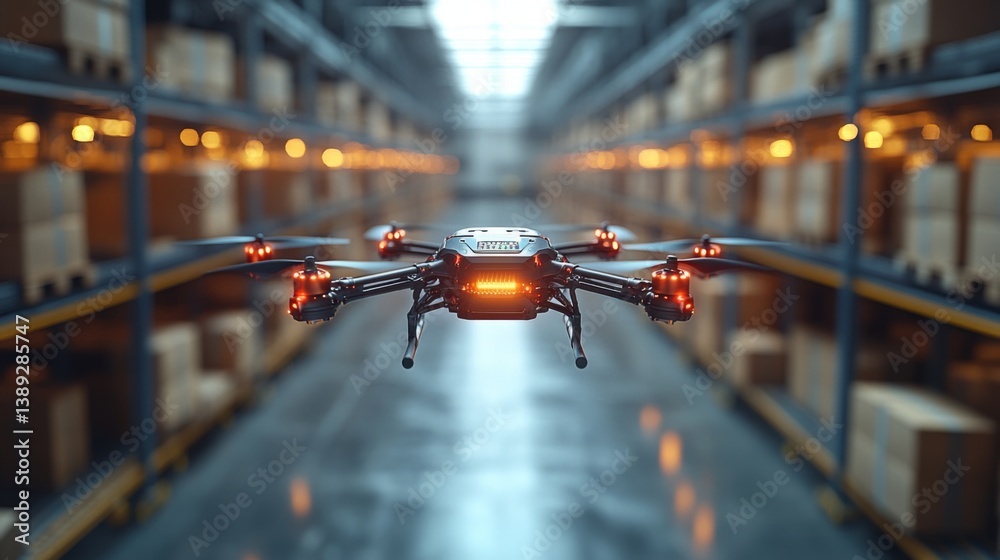 Poster In a modern warehouse, a drone navigates between rows of shelves filled with boxes, demonstrating automated logistics and efficient inventory management.