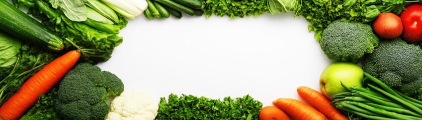 Fresh vegetables arranged in vibrant frame, including broccoli, carrots, lettuce, and cucumbers, creating healthy atmosphere