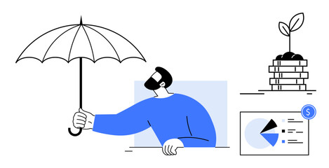 Man holding umbrella representing financial security, protection, and investment growth. Small plant atop coin pile represents prosperity, with a financial chart signifying budgeting. Ideal