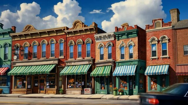 Vintage buildings showcasing classic architecture on a charming main street under scenic skies