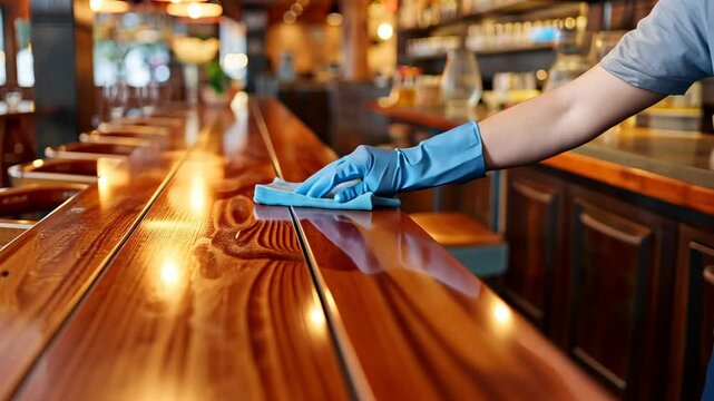 A worker uses a cloth to wipe down a polished wooden bar surface in a bustling cafe during morning hours, preparing for customers