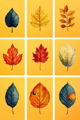 Obraz premium Collection of colorful autumn leaves on a vibrant yellow background
