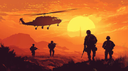 Military unit on patrol with helicopter support under a fiery sunset in rugged terrain