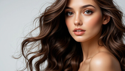 Fototapeta premium Brunette Girl with Long Shiny Wavy Hair, Beautiful Model with Curly Hairstyle