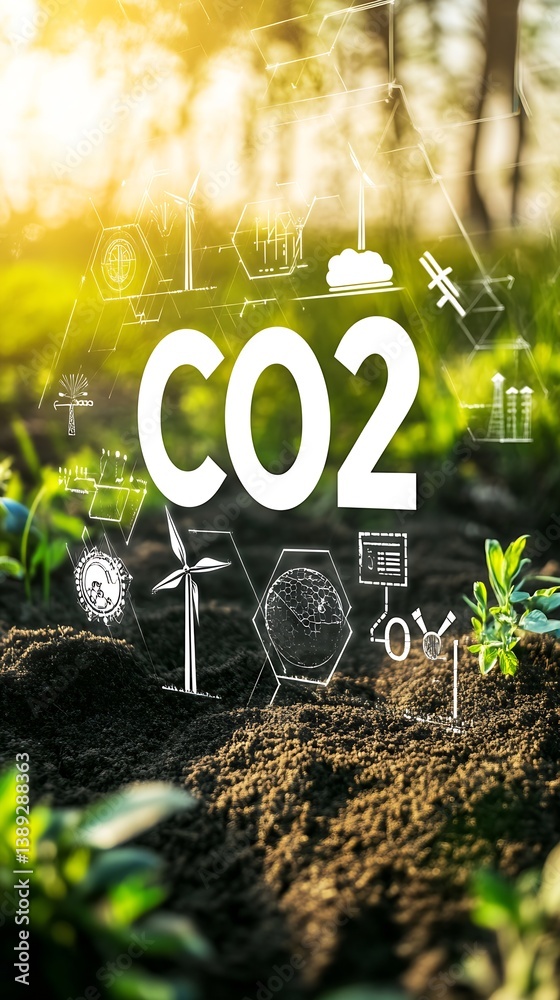 Poster vivid illustration of co2 integrated with nature symbols and sunlight reflecting on fertile soil env