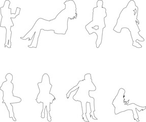 Linear silhouettes of seated people, designed for use in architectural plans, sections, and layouts.	

