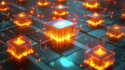 Glowing Orange and Teal Cubes on a Circuit Board