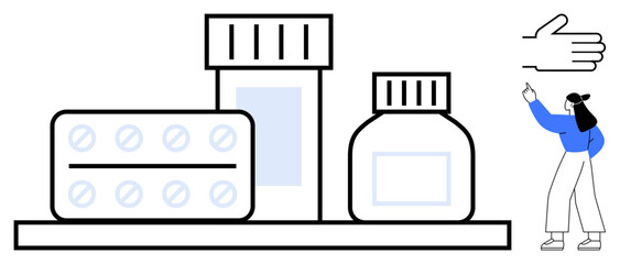 Medication bottles and tablets placed on a shelf, with a simplified figure gesturing approval. Ideal for healthcare, pharmaceuticals, wellness, health education, self-care, treatment, prevention