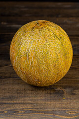 uneven skin of a melon is green and yellow, a ripe small melon for growing in a cold climate.