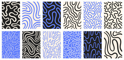 Hand drawn curved lines, fluid twisted wiggling stripes, waves vector backgrounds big set. Doodle uneven wavy organic winding lines. Liquid, funky chaotic ornaments, groovy hippie patterns collection.