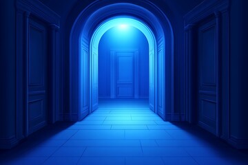 Obraz premium Blue hallway with arched ceilings and closed doors. Dark ominous mood, waiting for something or someone