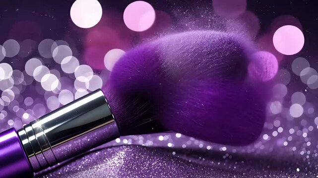 Close-up of a purple makeup brush with soft bristles releasing powder, surrounded by glittering bokeh lights on a dark background

