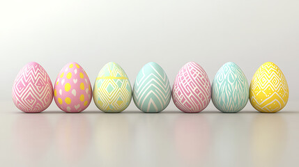Obraz premium Row Of Pastel Pixel Art Decorative Eggs With Geometric Patterns On White Background