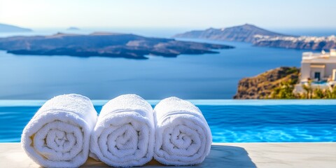 Three White Towels By Luxury Infinity Pool With Breathtaking Ocean Views In Santorini, Greece