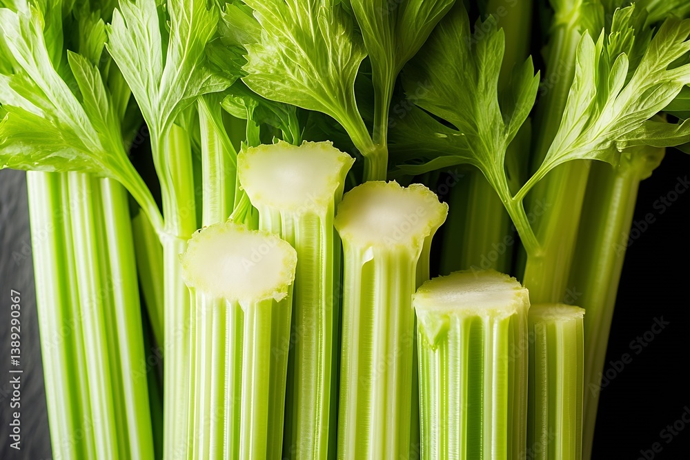 Poster freshly harvested celery bundles with vibrant green leaves and smooth textures in bright light : gen