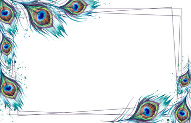 Obraz premium Peacock feathers on a white background, hand-painted. Rectangular holiday card frame, design for Diwali, Janmashtami festival. Watercolor illustration. A clipart for printing and arranging invitations