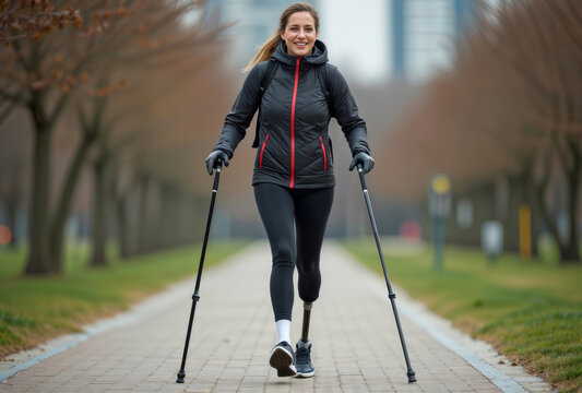 Nordic walking with prosthetic leg. Smiling woman using trekking poles while walking on urban pathway with prosthetic leg visible, wearing black winter sportswear with red accents. - Powered by Adobe