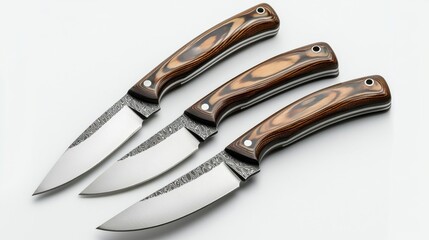 Fototapeta premium Three Handcrafted Knives with Dark Brown Handles and Patterned Steel Blades on White Background