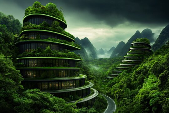 A futuristic Earth where humans and nature coexist harmoniously in a smart eco-city