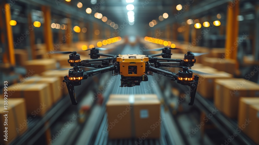 Poster A logistics drone is flying through a busy warehouse filled with neatly stacked packages on conveyor belts, showcasing the future of automated delivery systems.
