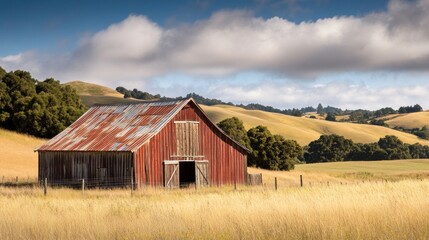 Rustic red barn nestled in a golden field