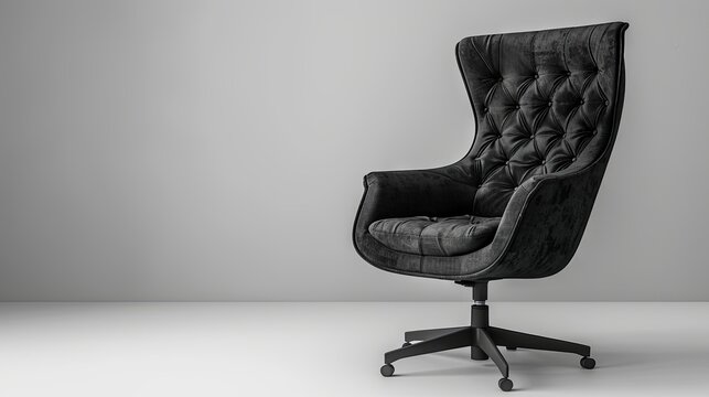 Black velvet office chair on gray background with copy space. Minimalist banner. 3D rendering