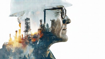 Double Exposure of Man in Hard Hat with Oil Industry Background