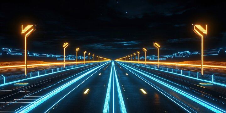 Futuristic Night Highway: Cyberpunk-Inspired Driving Scene with LiDAR Scanning, AR Navigation, and Smart Streetlights. Neon-Lit Road Displaying EV Charging Stations in Abstract Marketing Background fo