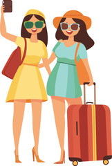 Stylish Travel Girl Silhouette PNG Vector, Elegant Female Tourist Illustration PNG Vector, Modern Woman with Suitcase and Phone PNG Vector, High-Quality Transparent Fashion Clipart PNG Vector, Chic Tr