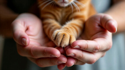 Close-up of a ginger kitten's paws gently held in caring hands.  Soft, warm, and comforting.