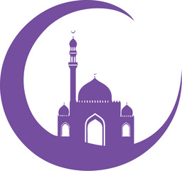 Elegant Purple Mosque Silhouette PNG Vector, Islamic Architecture with Crescent Moon PNG Vector, Traditional Worship Place Illustration PNG Vector, High-Quality Transparent Religious Clipart PNG Vecto
