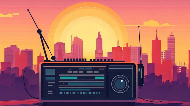 Retro radio against cityscape backdrop with sunset featuring tall buildings and antenna in a stylized graphic art style.