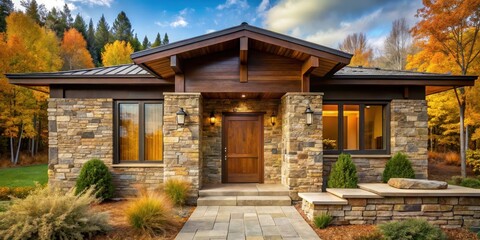 Fototapeta premium Rustic Stone Exterior Home with Autumnal Foliage Backdrop and Expansive Patio