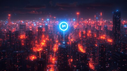 Obraz premium Neon city skyline, futuristic symbol, night view, digital art