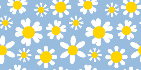 Obraz premium Seamless floral pattern with white daisy flowers on a soft blue background. Cheerful minimalistic design perfect for textiles, wallpapers, wrapping paper, and spring-themed projects
