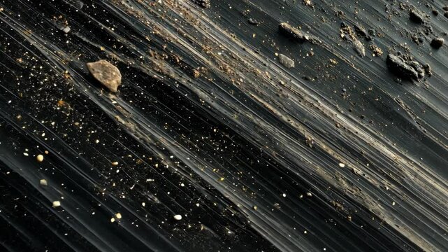 Close-up of dark corrugated plastic sheet littered with small stones and granular particles under direct sunlight, abstract background