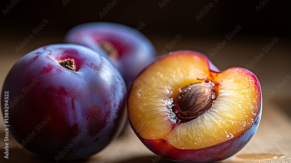Poster Close-up view of whole and sliced plums displaying their vibrant color and appealing freshness for visual storytelling : Generative AI