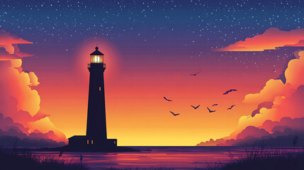 Lighthouse silhouette at sunset with birds flying.