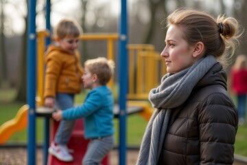 Obraz premium Playground Supervision. A caregiver watches children play on a playground, attentive and protective in a calm outdoor setting.