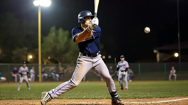 Night baseball game, batter swings