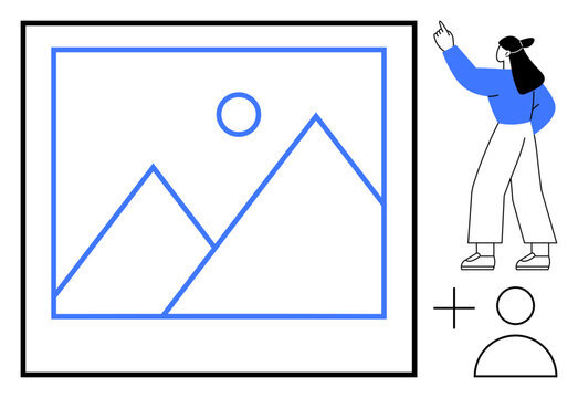 Woman pointing at photo with mountains and sun, symbols for user and addition. Ideal for content creation, user interaction, gallery management, curation, collaboration, design feedback, flat simple