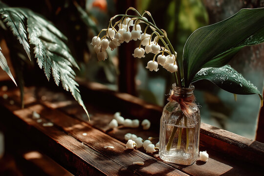 Bouquet de muguet dans un petit vase en verre sur planche en bois, feuilles perl&eacute;es de ros&eacute;e