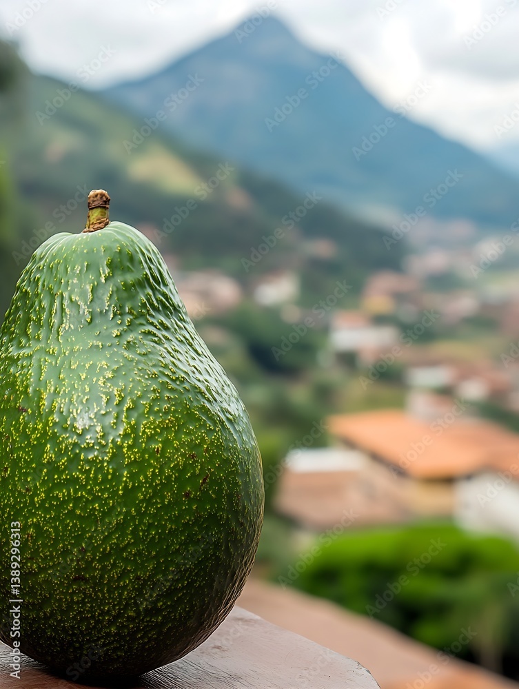 Poster a vibrant avocado stands in focus with a beautiful mountain landscape blurred in the background duri