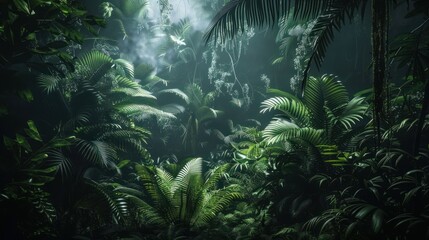 Lush jungle foliage, misty rainforest, dense green plants, tranquil ambiance